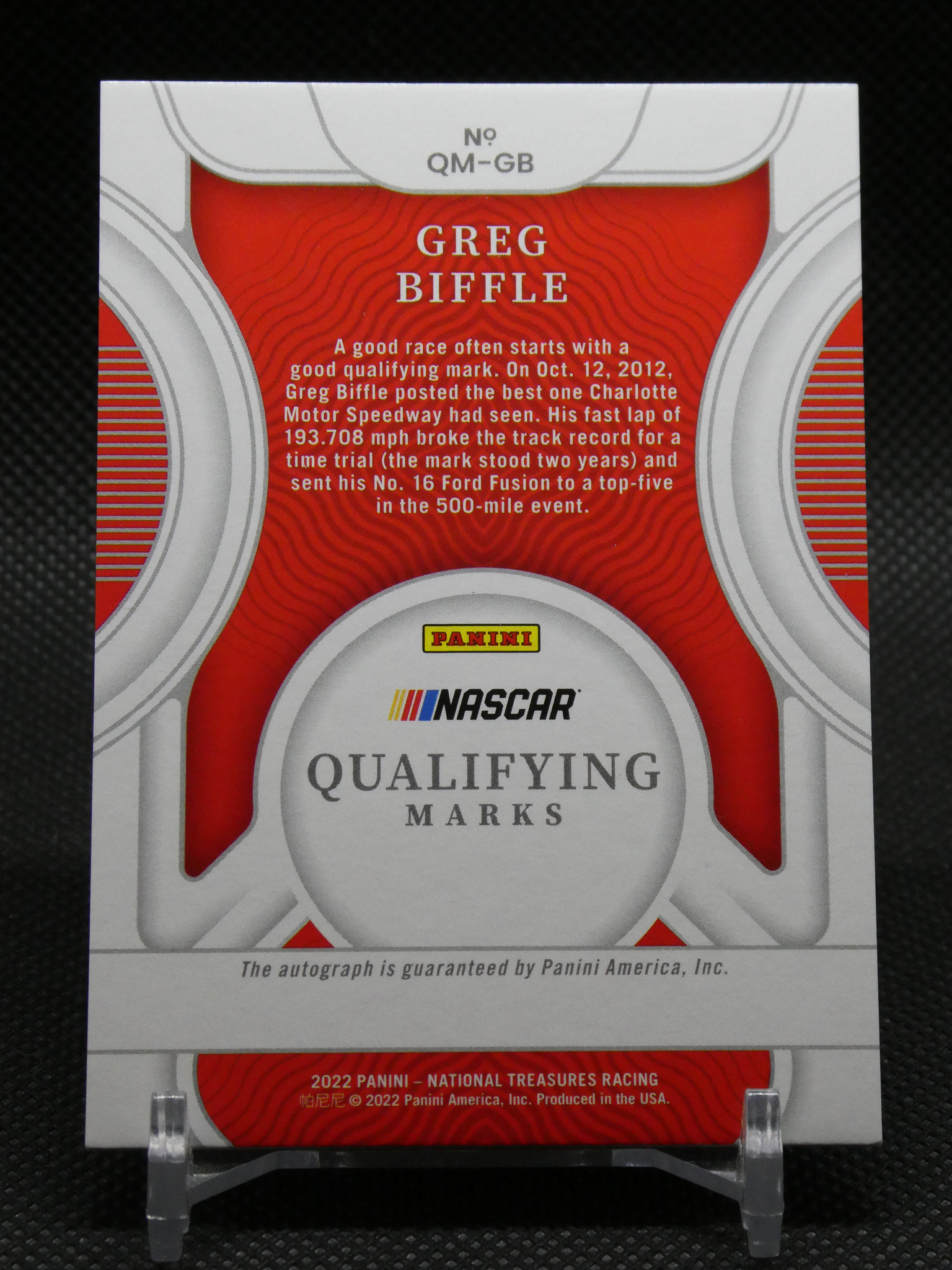 Panini NASCAR qualifying marks card featuring Greg Biffle, red center with white circular design and Panini logo