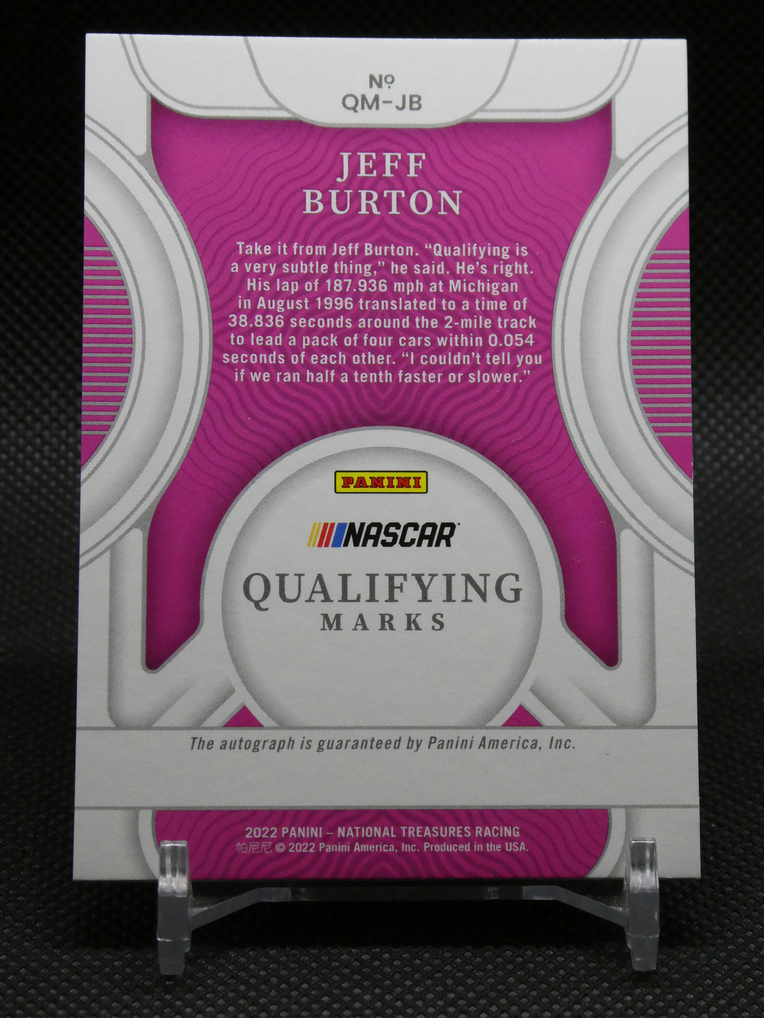 Panini NASCAR Qualifying Marks card featuring Jeff Burton on a purple background with a white circular emblem and text block
