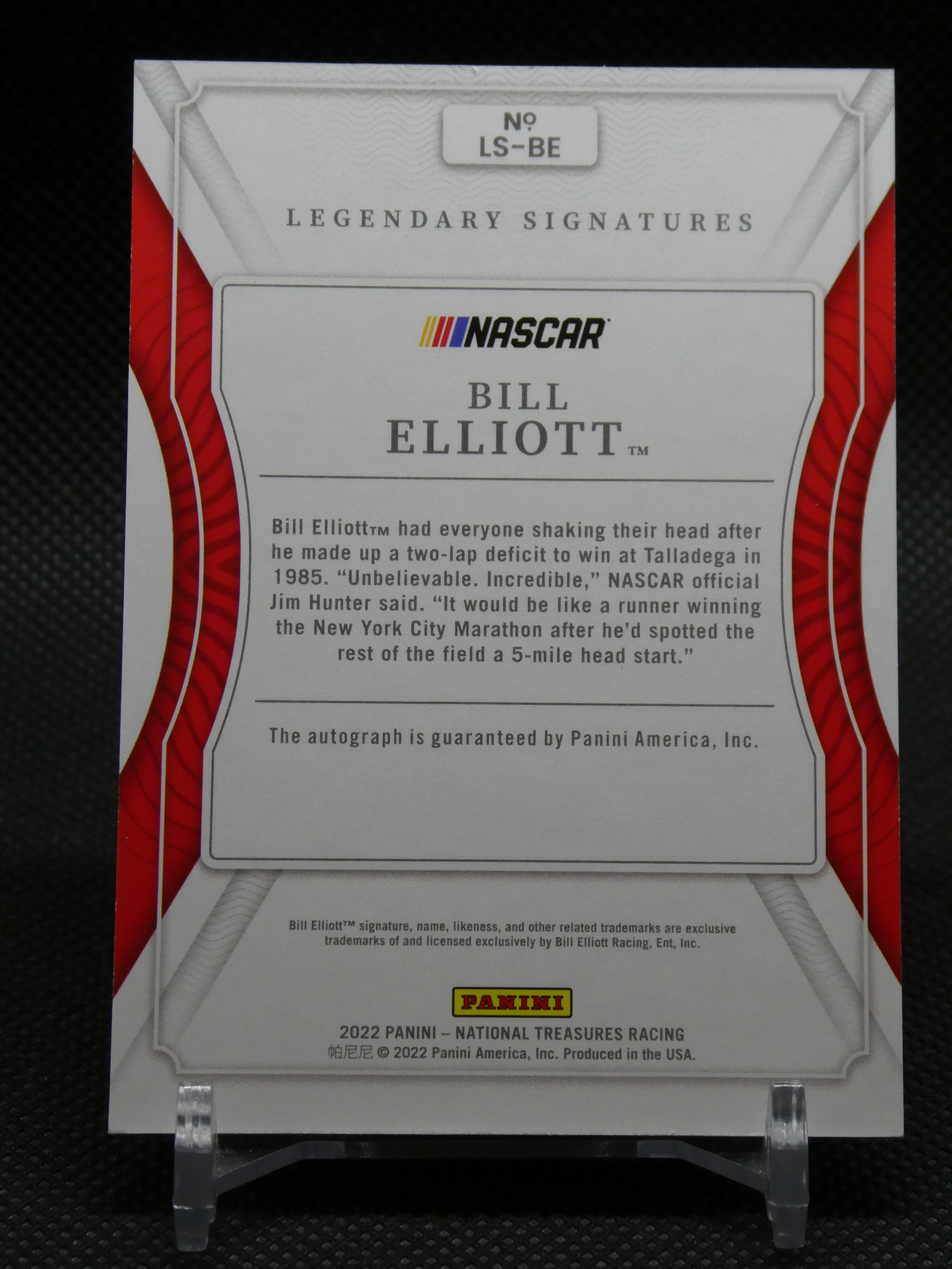 Back of a Panini NASCAR Bill Elliott Legendary Signatures card with gray framed panel, 'BILL ELLIOTT' in bold, red decorative sides, and Panini logo at the bottom.