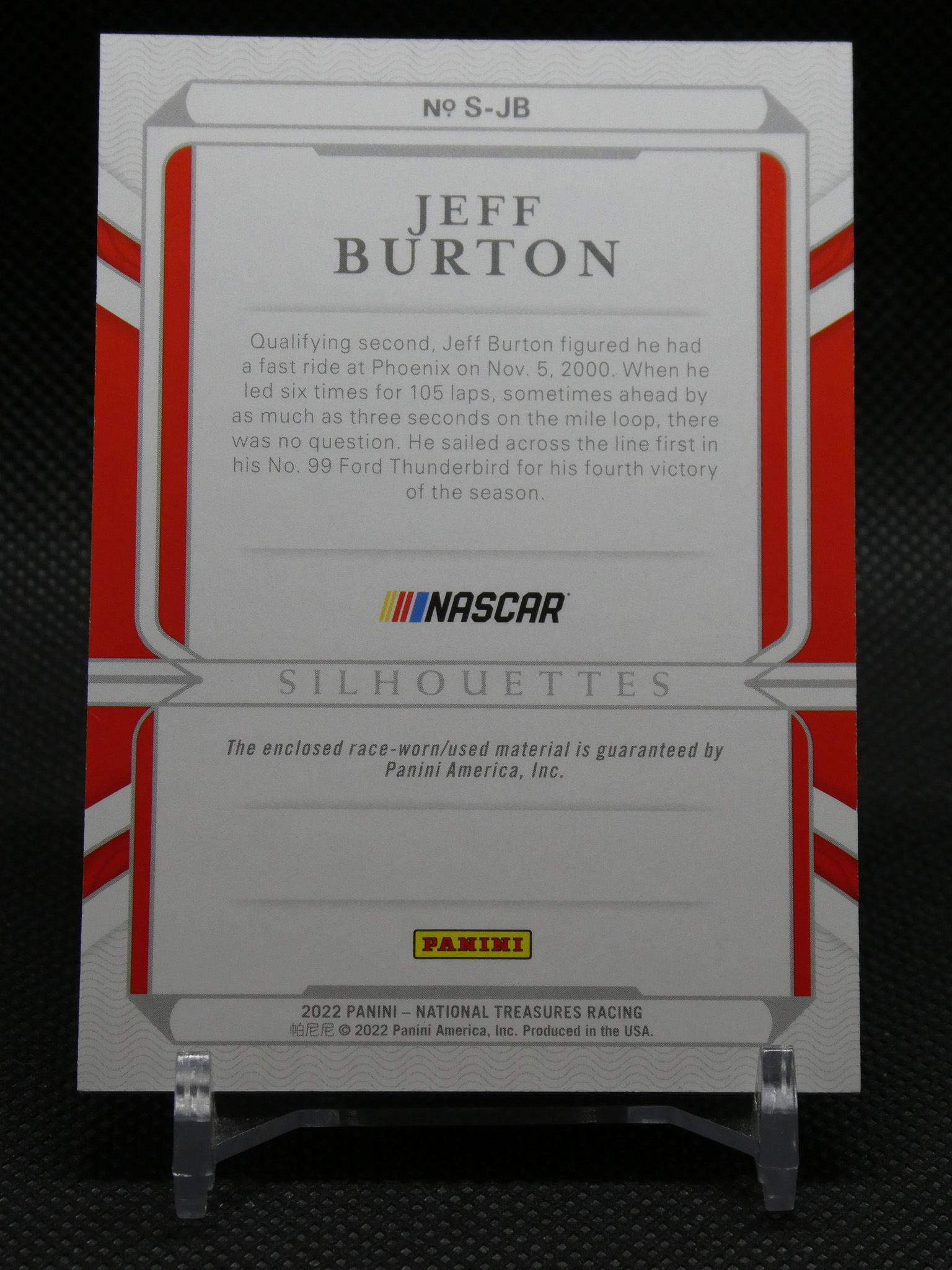 Card back featuring Jeff Burton's name and paragraph text, NASCAR logo, Panini logo, and red-silver border design.