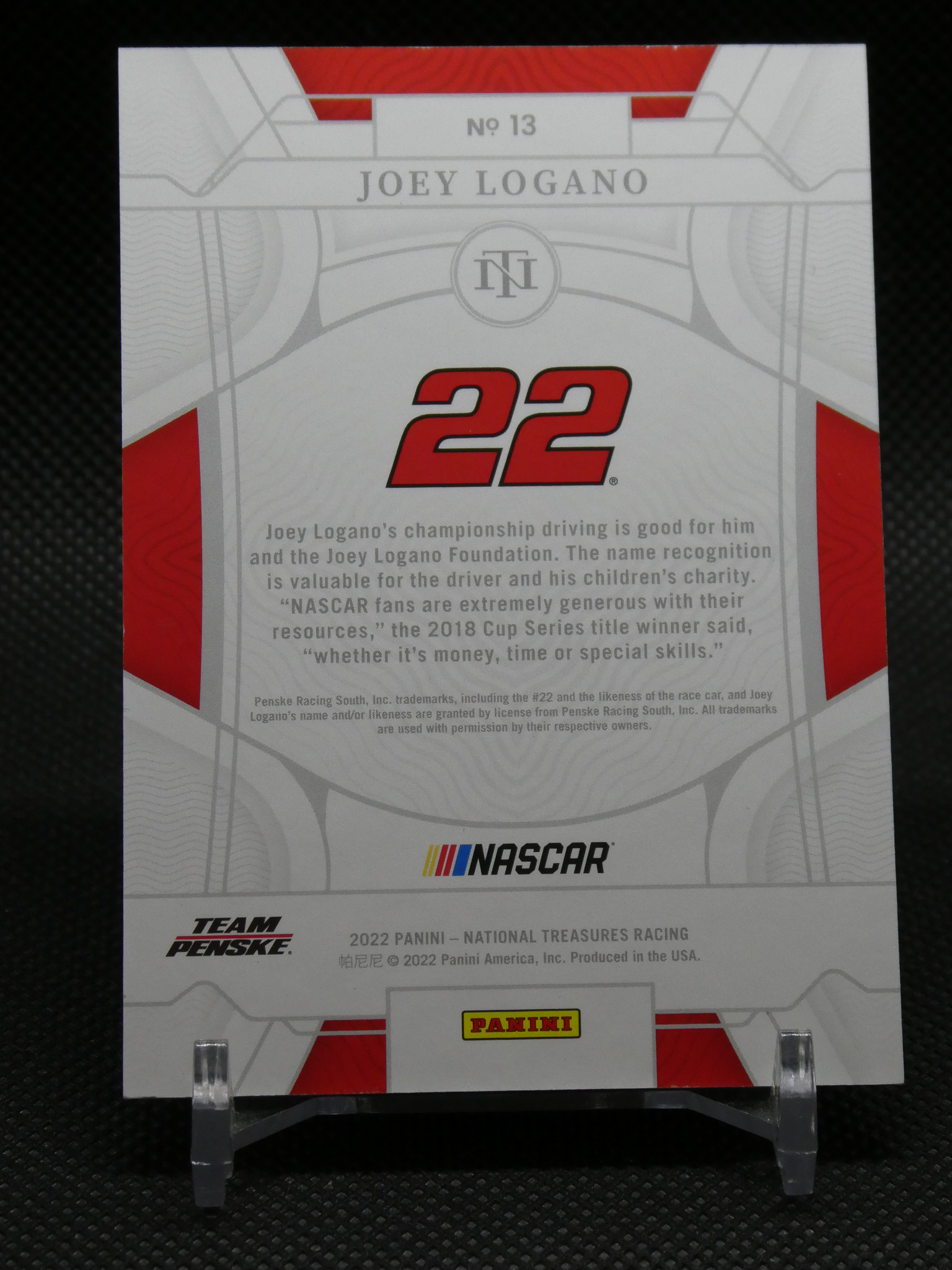 Panini NASCAR trading card back featuring Joey Logano, No. 13, with a large red 22 and NASCAR/Team Penske branding.