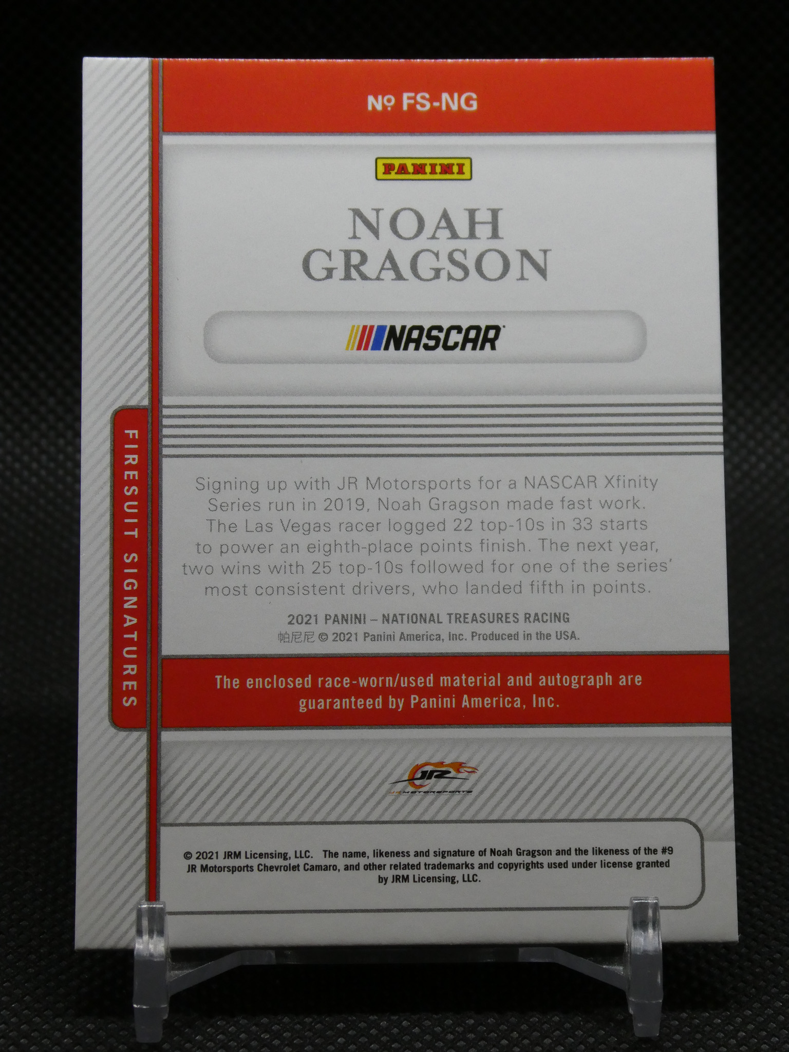 Back of a Panini NASCAR trading card for Noah Gragson, showing Panini and NASCAR logos and a red header with text details on a white background.
