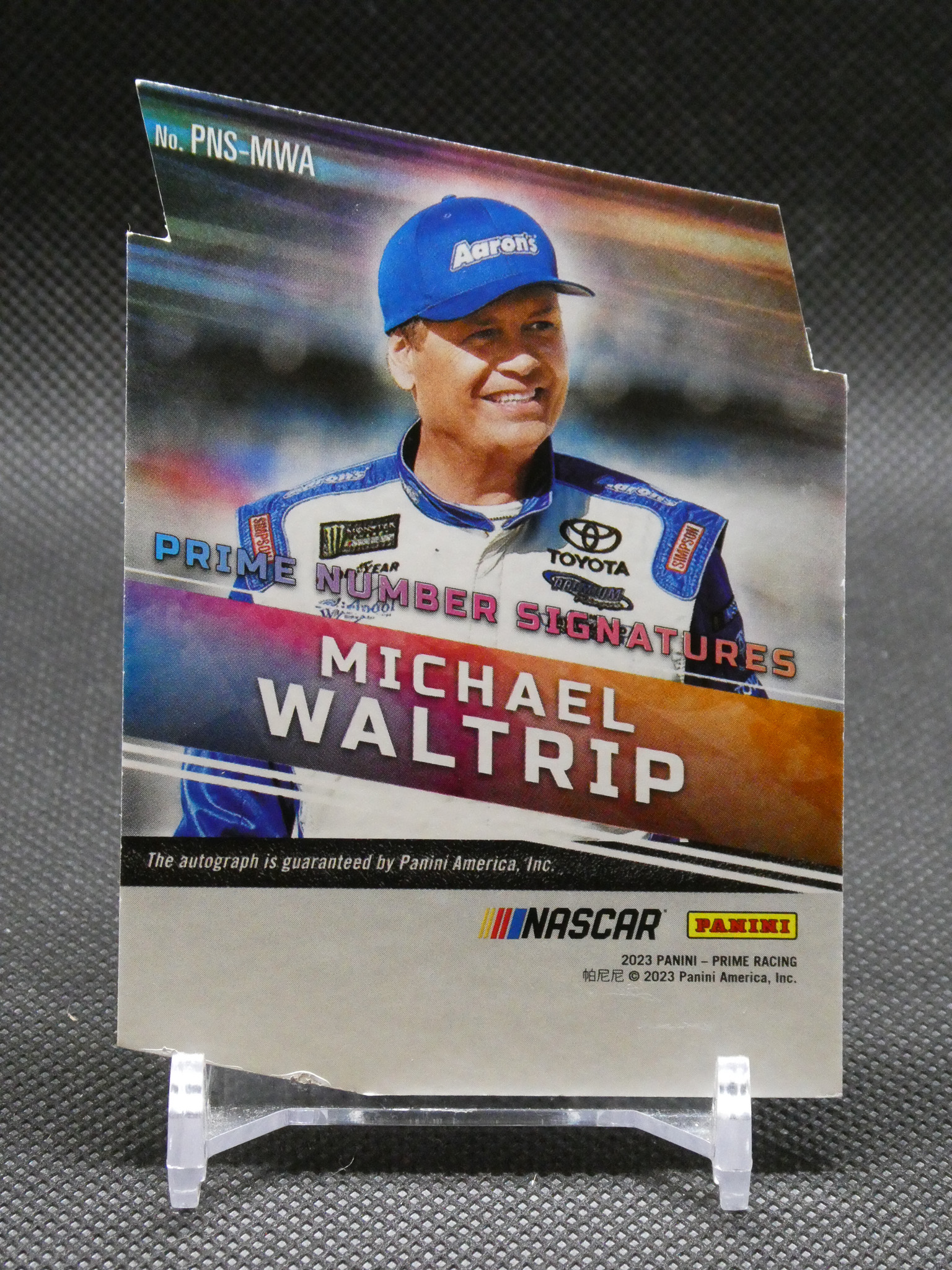 Trading card featuring NASCAR driver Michael Waltrip in a blue cap and racing suit, with Panini and NASCAR logos visible and his name printed across the card edge.