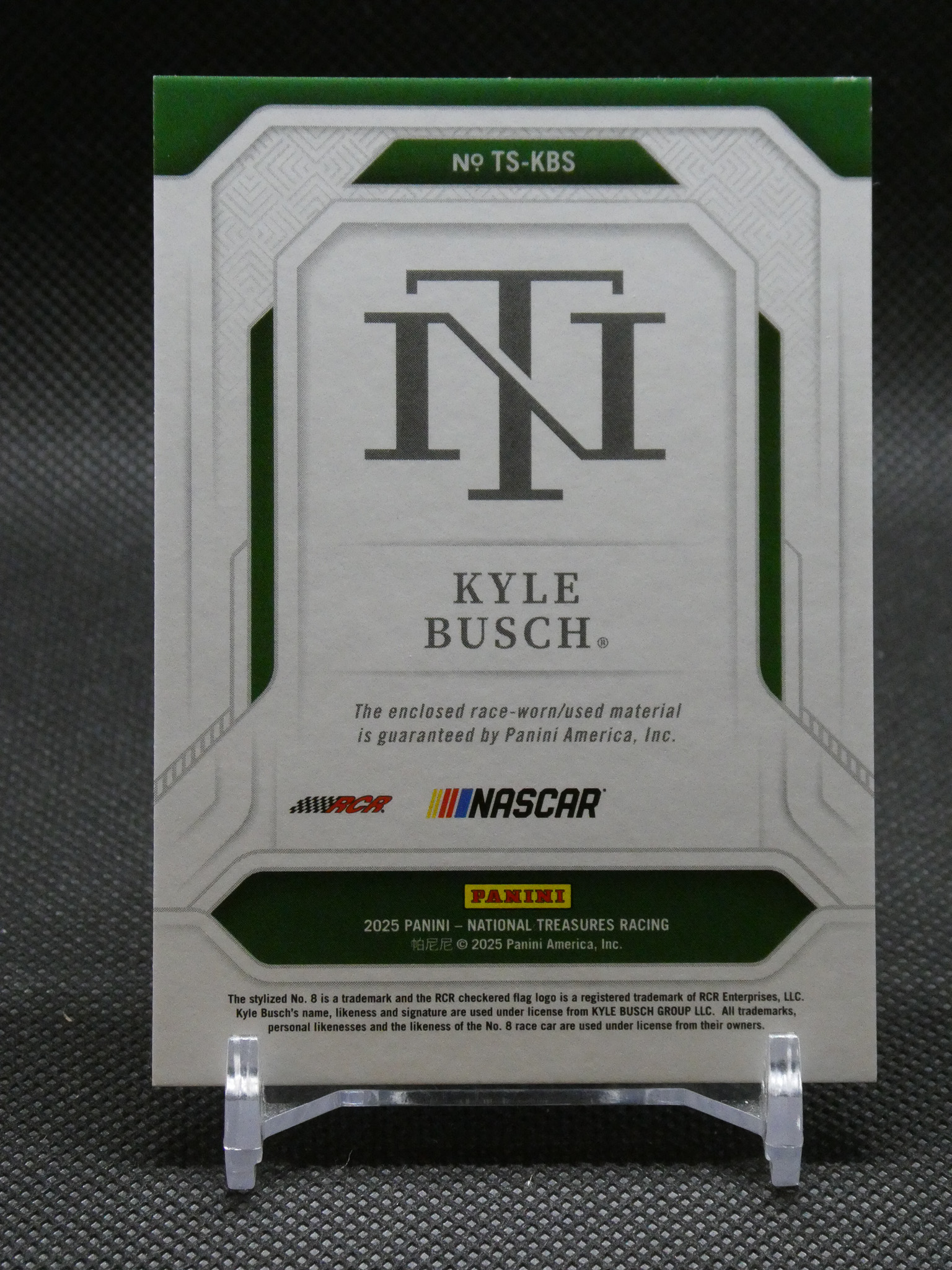 Kyle Busch trading card from Panini National Treasures Racing, featuring the NT monogram and NASCAR branding.