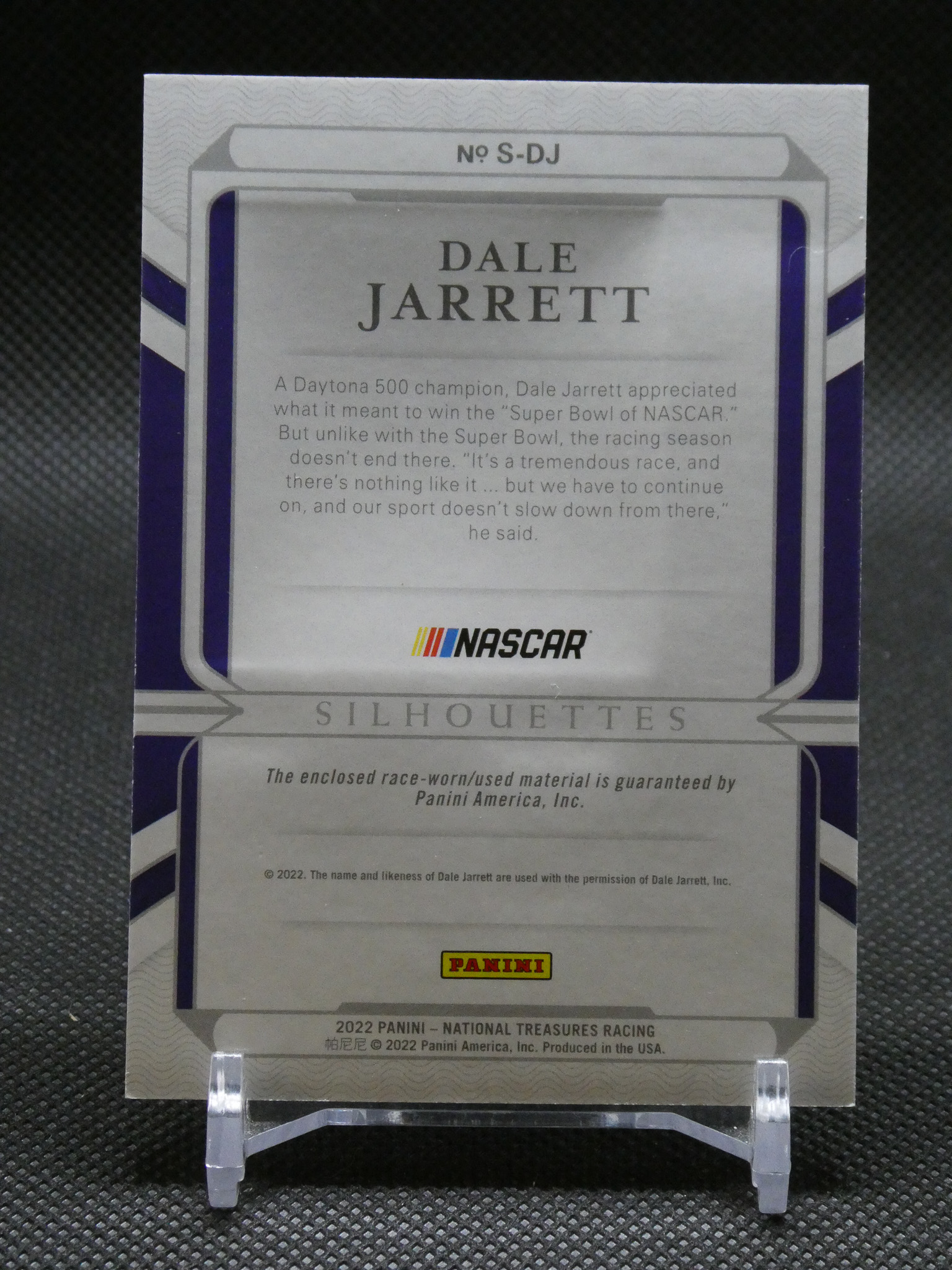Panini NASCAR Silhouettes card backing honoring Dale Jarrett with NASCAR logo and Panini branding on a silver-gray card background