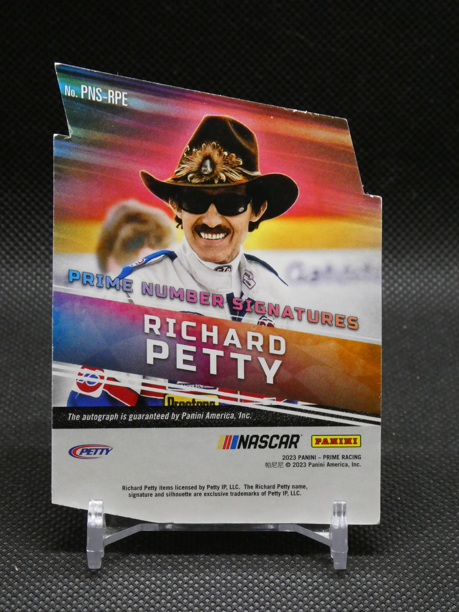 Autographed NASCAR trading card featuring Richard Petty in sunglasses and cowboy hat, with Panini and NASCAR logos visible.
