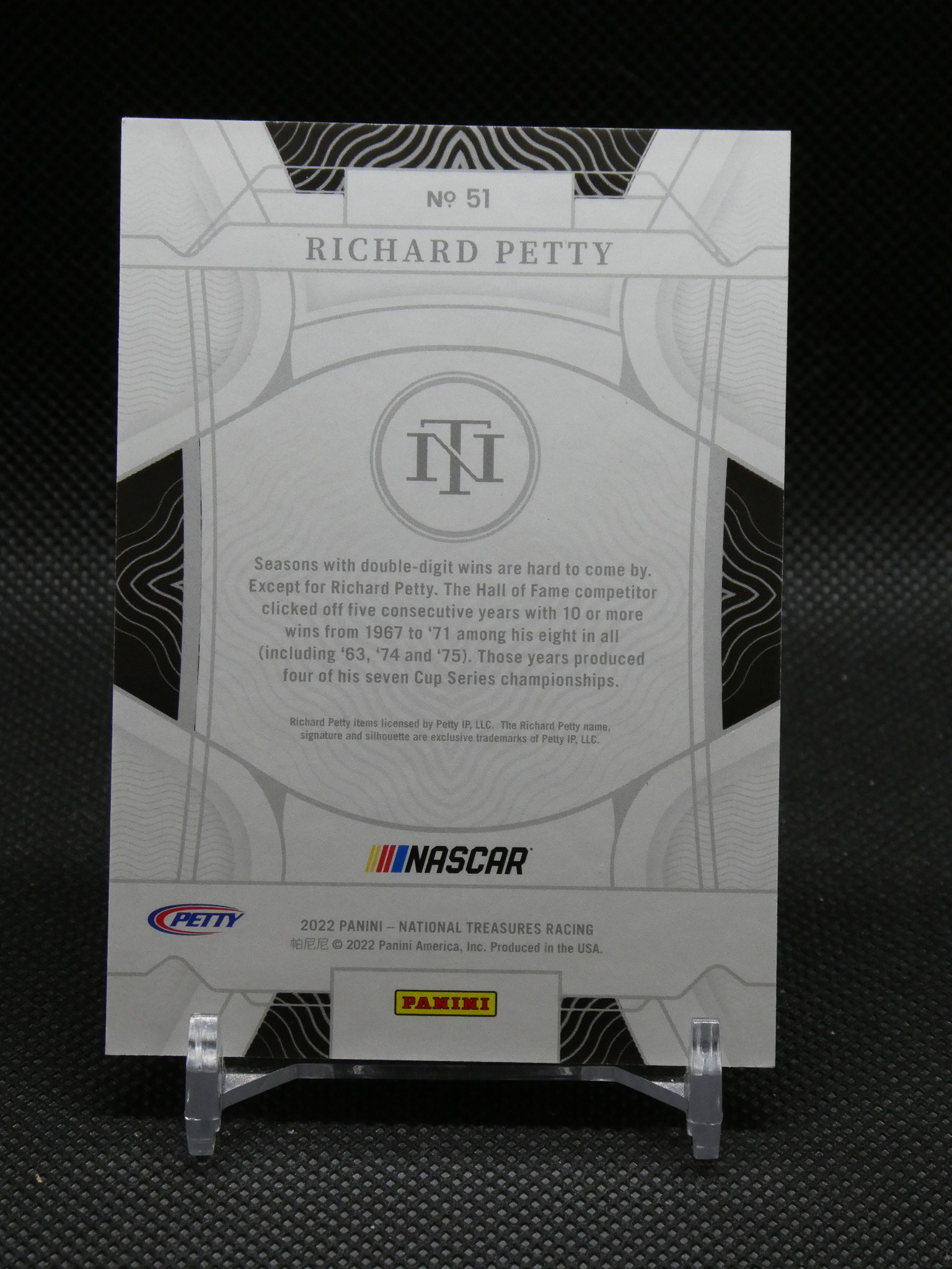 Back of a Panini NASCAR trading card featuring Richard Petty, No. 51, with NASCAR and Panini logos on bottom.