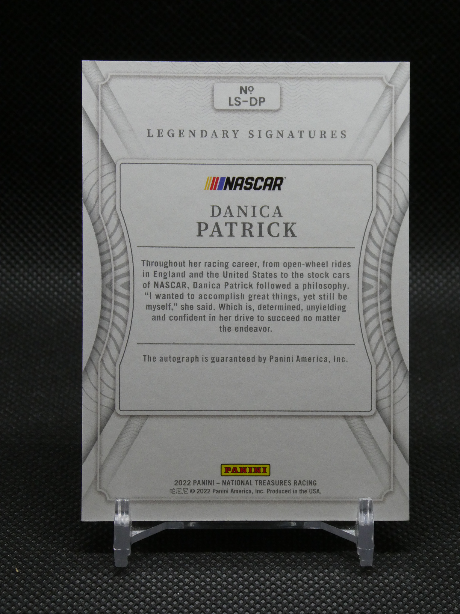 NASCAR Legendary Signatures card for Danica Patrick, Panini-branded with autograph guaranteed by Panini America.
