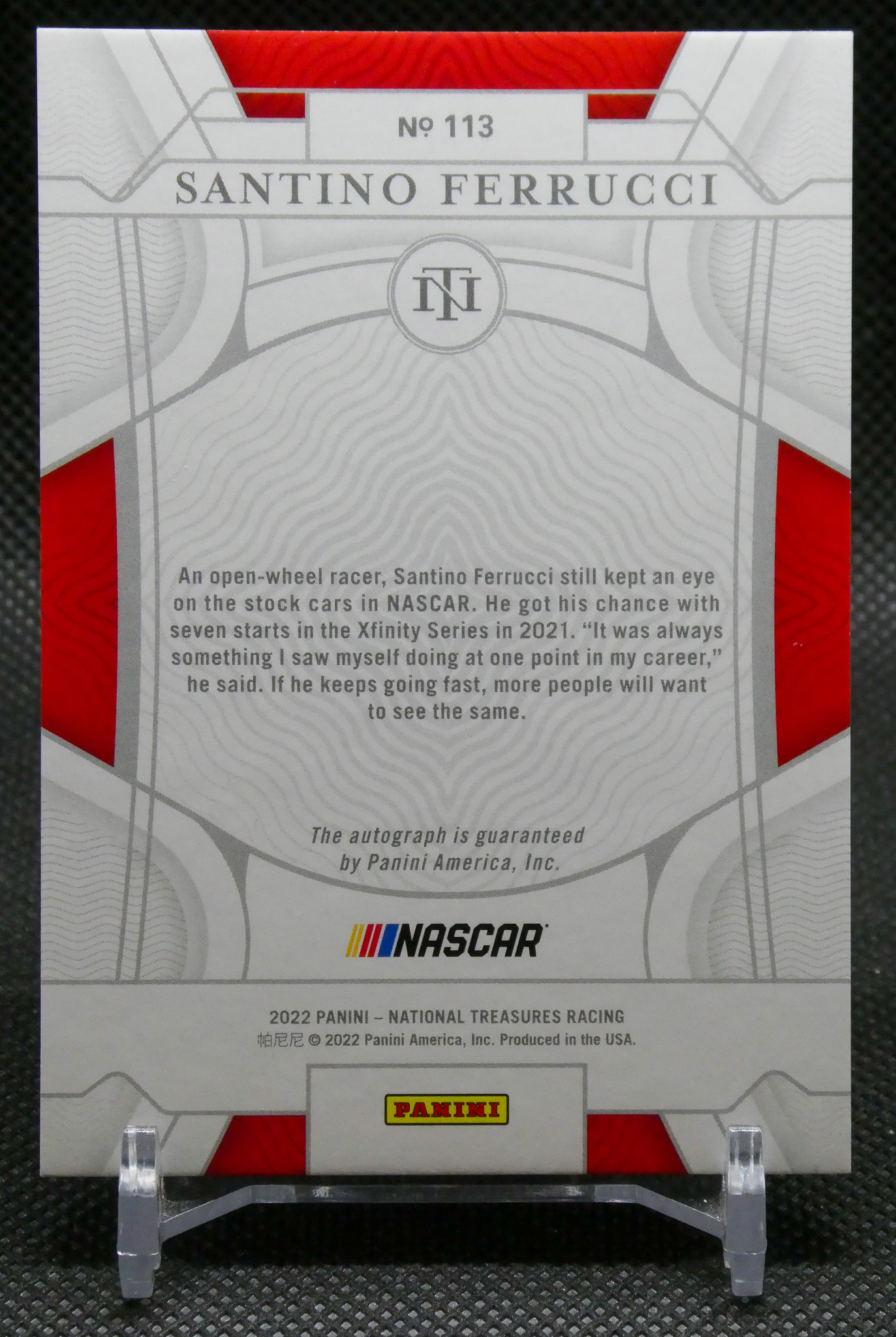 NASCAR Panini card back featuring Santino Ferrucci, No. 113, with card text and Panini logo at bottom