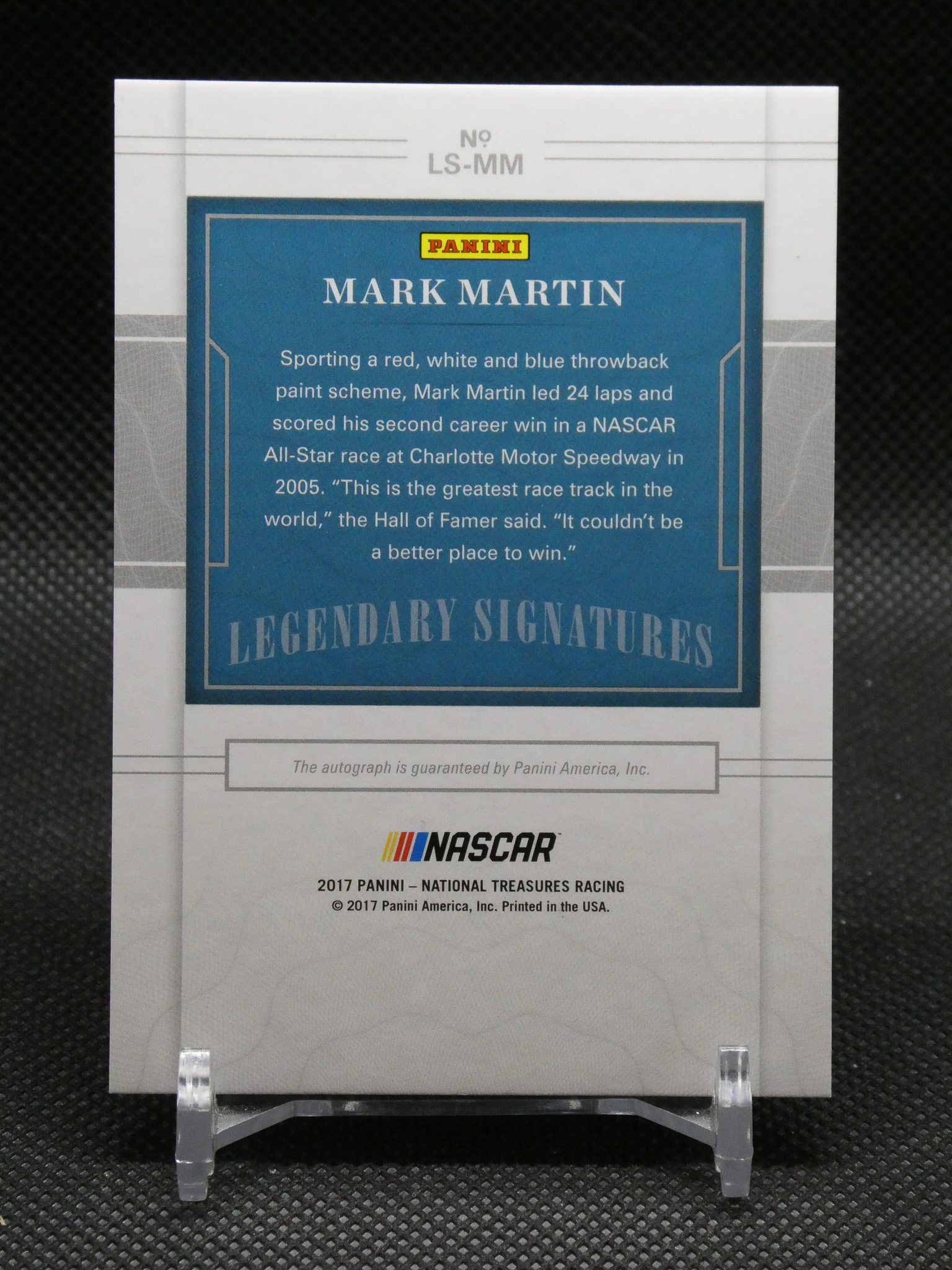 Blue Panini Mark Martin panel from a NASCAR Legends card with Panini logo and quoted text about his 2005 season.
