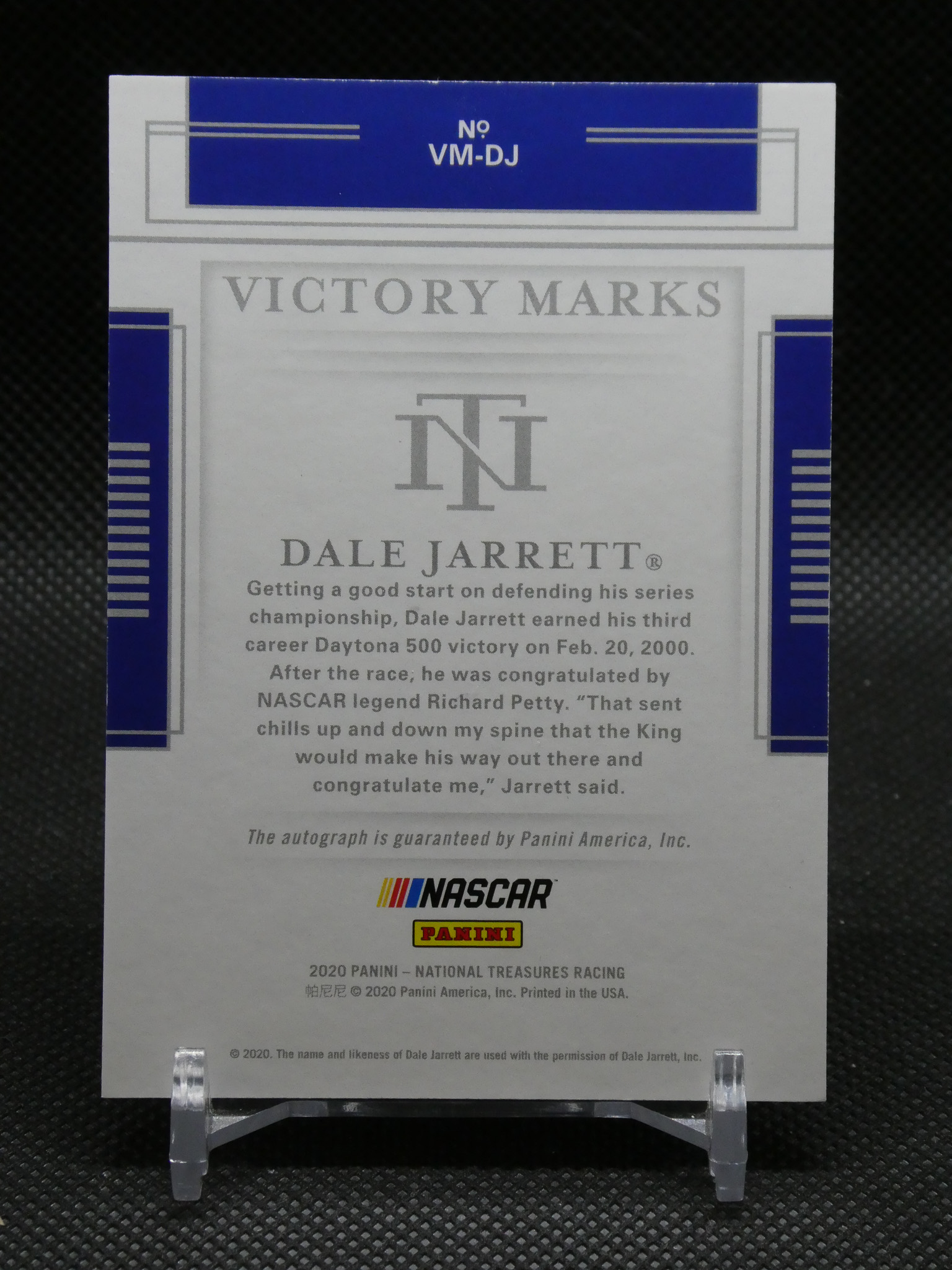 NASCAR Victory Marks card for Dale Jarrett on a small stand, with blue borders and Panini logos.