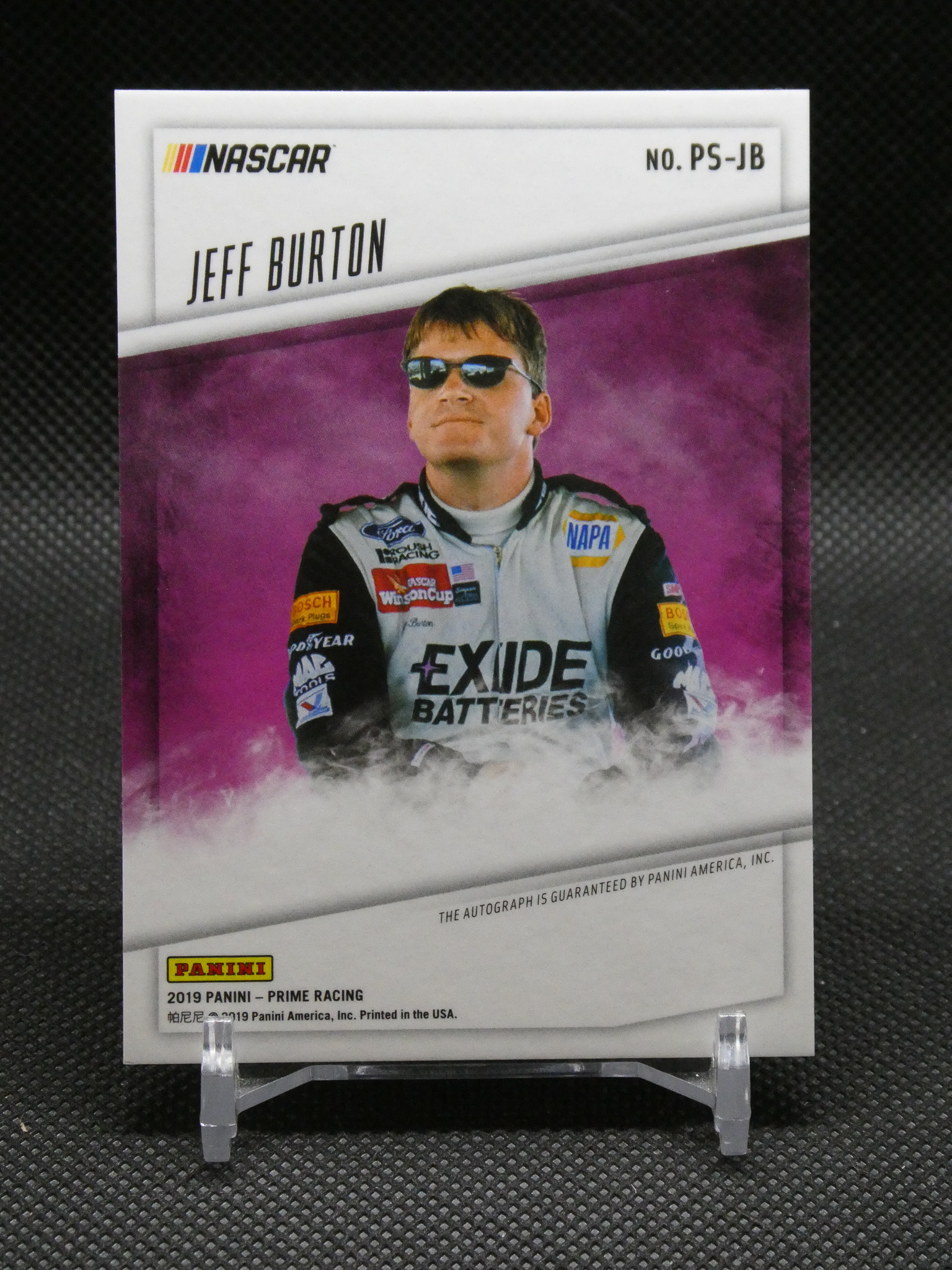 Panini NASCAR trading card featuring Jeff Burton with Exide Batteries sponsor, purple background and smokey vignette.