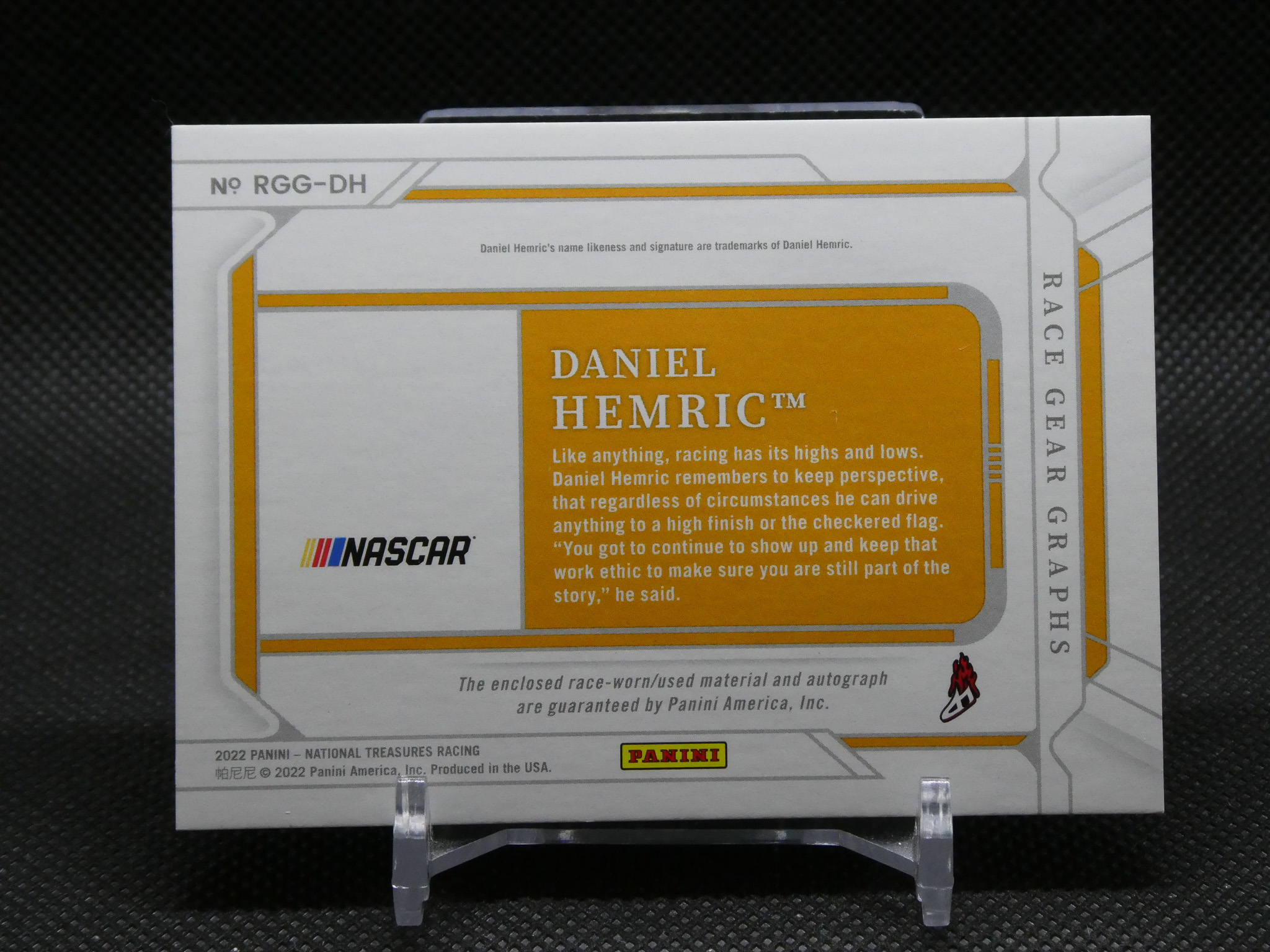 Panini NASCAR trading card featuring Daniel Hemric, with an orange information panel and NASCAR logo on a white background.