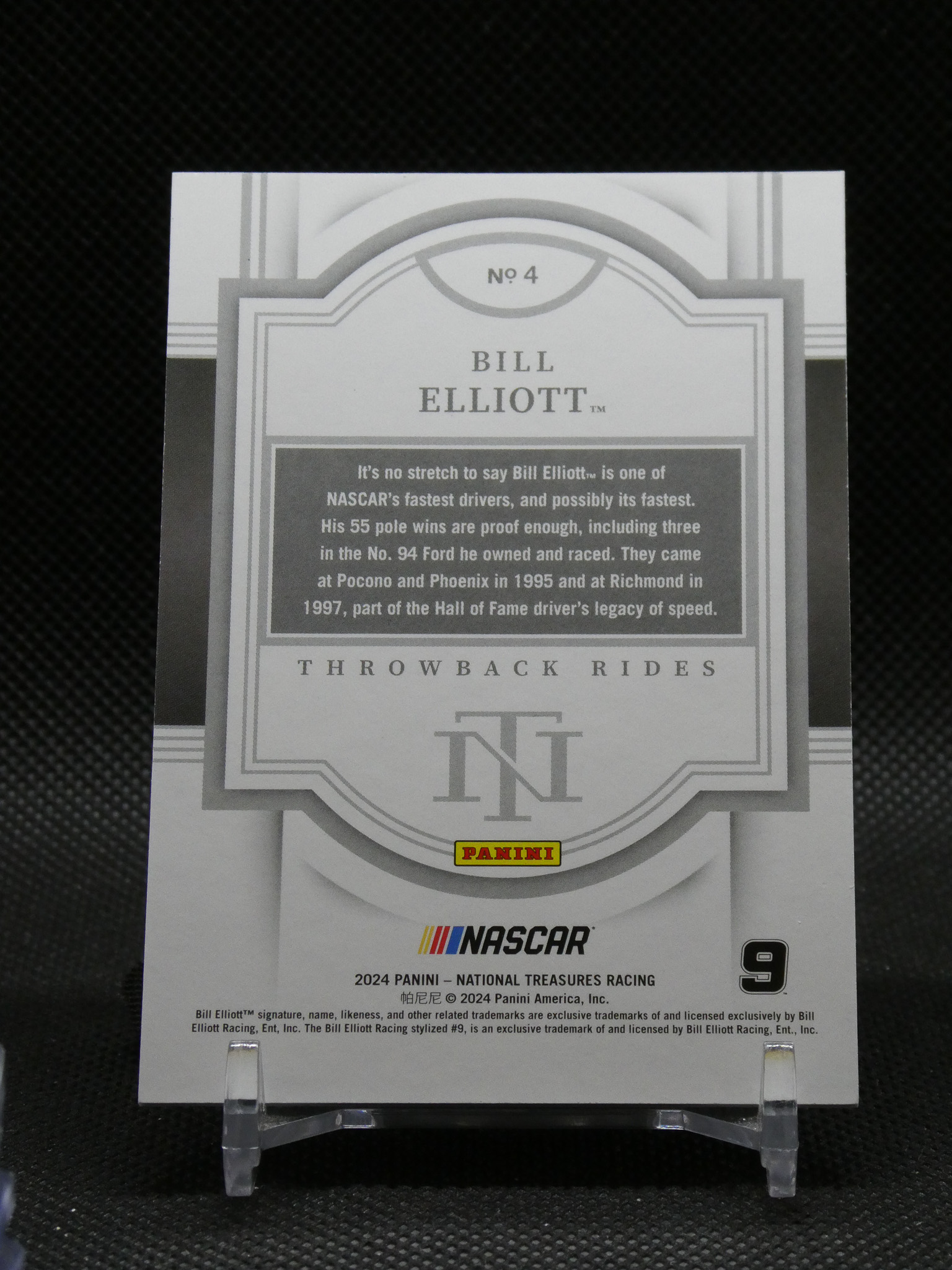 Grayscale Panini NASCAR trading card featuring Bill Elliott, No. 4, with 'Throwback Rides' and NASCAR branding