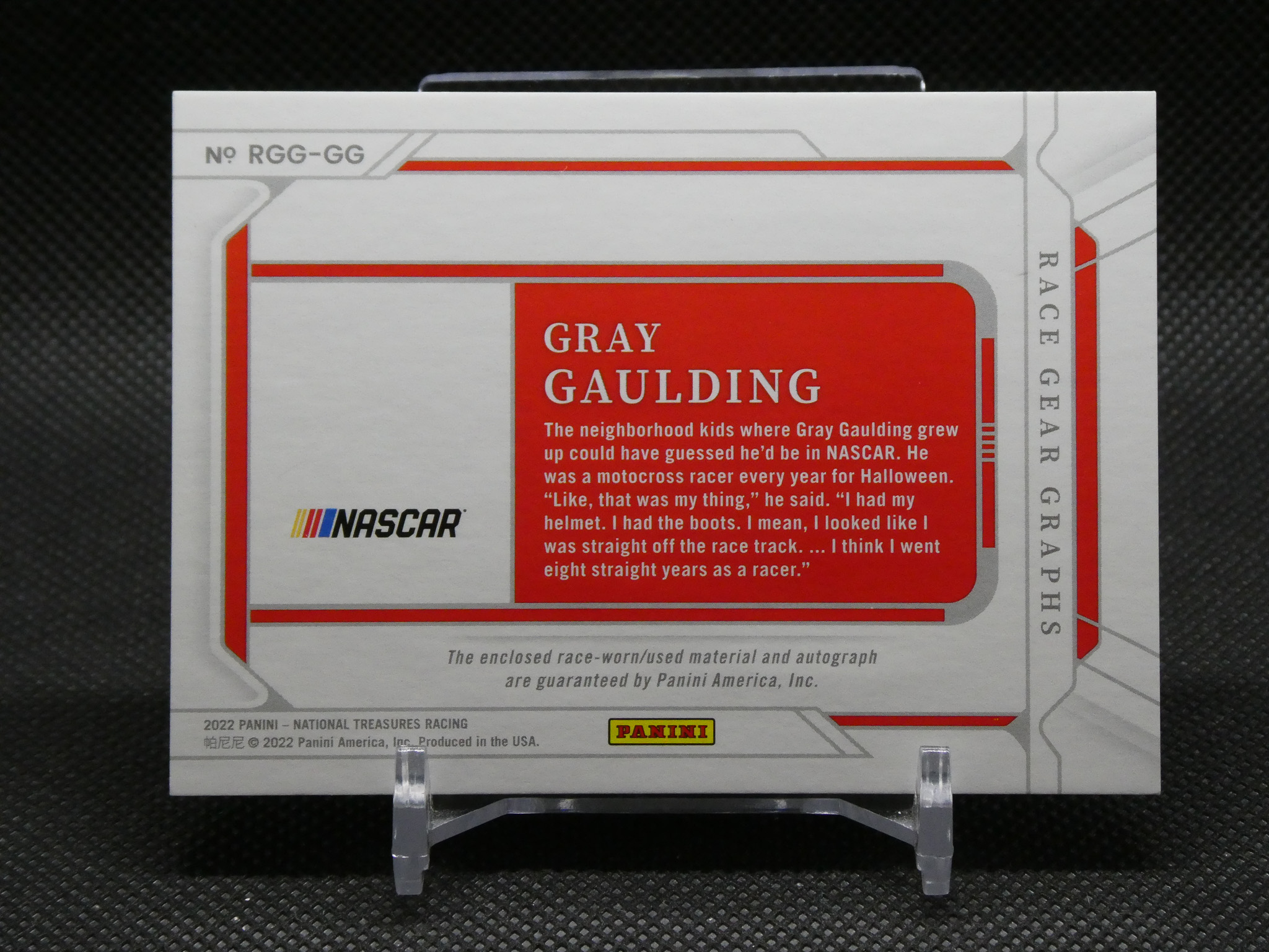 Front of a NASCAR Panini card box featuring the name 'Gray Gaulding' in a red text box and NASCAR logo panel.