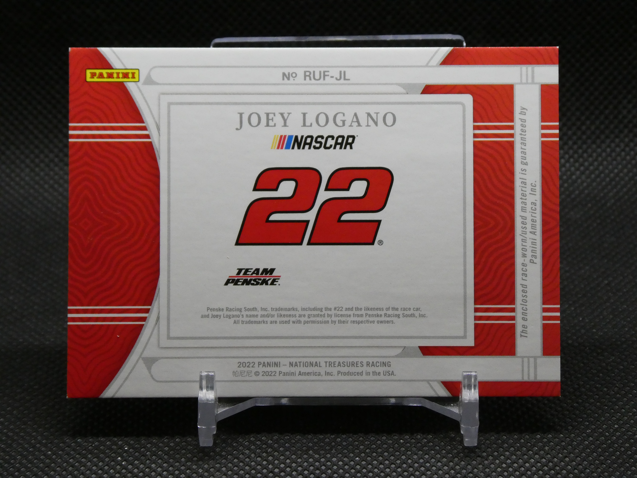 Panini NASCAR box front for Joey Logano #22 with red and silver design and Team Penske logo.