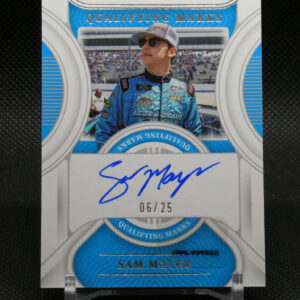 Signed Sam Mayer racing card featuring the driver in a blue suit and cap, autograph visible with a track crowd in the background.
