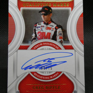 Autographed race car driver card showing a man in a white-red 3M racing suit and cap with a blue signature across the bottom.