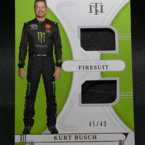 Trading card featuring Kurt Busch in a black Monster Energy firesuit with sponsor logos, lime-green design, two fabric swatches, 45/49.