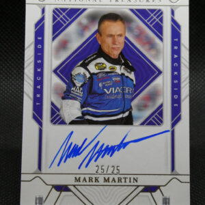 Limited edition autographed racing card of Mark Martin from National Treasures, displaying a blue-suited driver with a blue signature and 25/25 serial number.