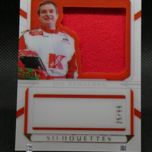 Front of a National Treasures Silhouettes card showing a smiling race car driver in white-red suit with a helmet, inside a red display window.