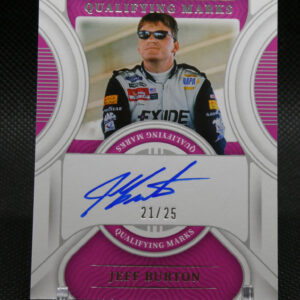 Autographed Jeff Burton racing card with purplish 'Qualifying Marks' design, numbered 21/25.