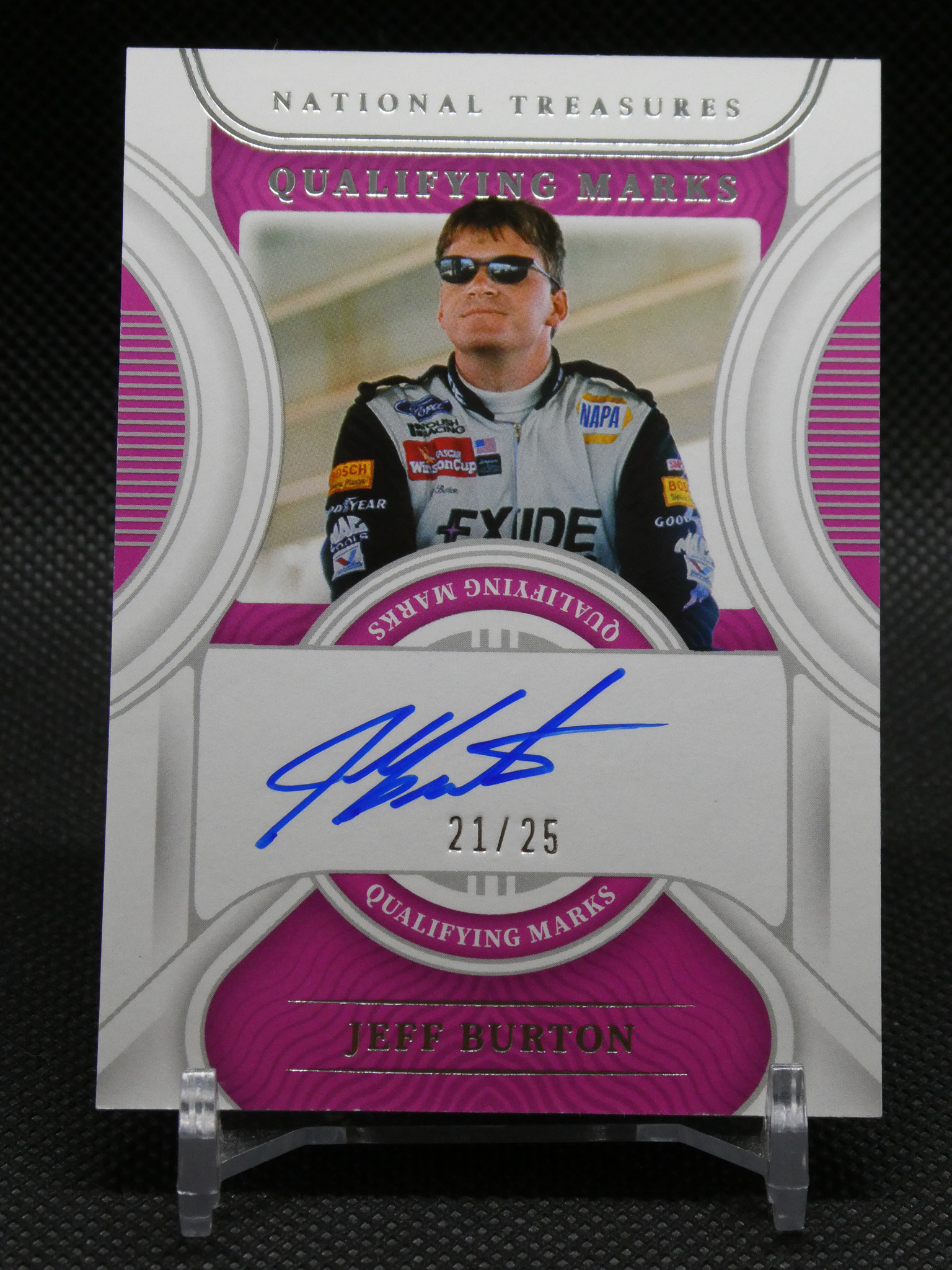 Autographed Jeff Burton racing card with purplish 'Qualifying Marks' design, numbered 21/25.