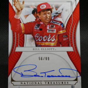 Trading card featuring NASCAR driver Bill Elliott in a red racing suit, with the autograph across the bottom and 56/99 serial number visible.