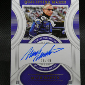Signed collectible card featuring race car driver Mark Martin in a blue racing suit, with 'Qualifying Marks' design and a blue autograph, 09/49 edition badge.