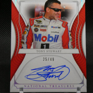 Autographed Tony Stewart trading card from National Treasures, numbered 25/49, featuring him in a red-and-white racing suit.