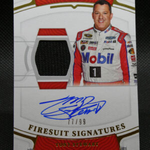 Front of a NASCAR card showing Tony Stewart in a Mobil 1 racing suit with a red-and-white design and a cutout helmet insert; signatures visible below.
