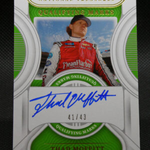 Autographed trading card of racecar driver Thad Moffitt, edition 41 of 43, in a red racing suit.
