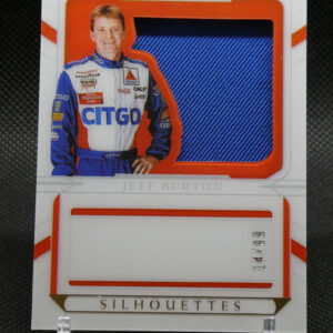 Trading card featuring Jeff Burton in a blue racing suit with a blue fabric swatch window and National Treasures branding at top.
