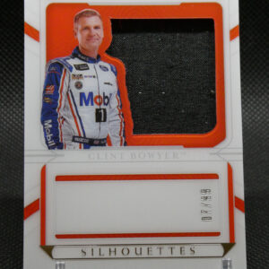 Carded display featuring a life-size cutout of NASCAR driver Clint Bowyer in his white-blue racing suit within an orange-framed National Treasures Silhouettes package.