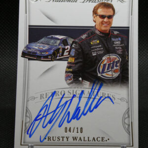 Sports memorabilia card showing Rusty Wallace in a black racing suit with a blue 2000s stock car in background; large blue autograph across the front, 'National Treasures' at top.