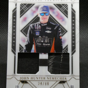 Trading card featuring race car driver John Hunter Nemechek in a black racing suit and blue sunglasses, with 'National Treasures' branding and edition 24/99