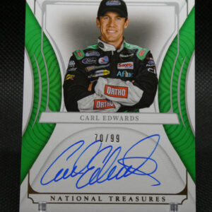Autographed trading card featuring a race car driver in a green-and-black suit with sponsor logos.