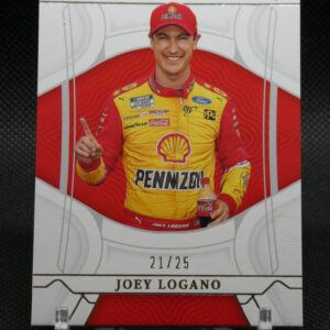Trading card featuring NASCAR driver Joey Logano in a yellow Pennzoil suit, holding a Coca‑Cola bottle, with '21/25' on the card.