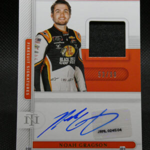 Noah Gragson autographed National Treasures trading card showing him in an orange-black racing suit with a blue signature and 53/99.