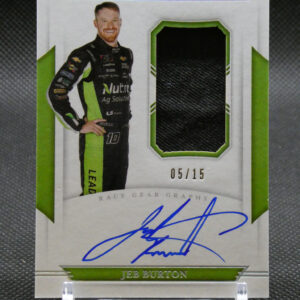 Jeb Burton National Treasures trading card with driver photo, green patch window, and blue autograph.