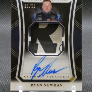 Signed Ryan Newman trading card from National Treasures featuring a driver portrait and fabric patch, labeled Premium Patches (29/50).