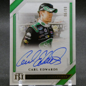 Trading card featuring NASCAR driver Carl Edwards with his autograph in blue ink on a white background with green accents.