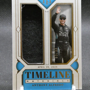 A sports trading card framed in white with blue accents, featuring a photo of a smiling driver in sunglasses waving, date April 20, 2024, and the TIMELINE Materials title.