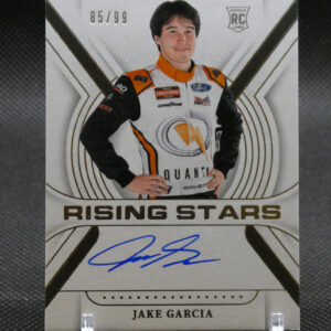 Autographed trading card of Jake Garcia in a white-orange racing suit, labeled 'Rising Stars' with National Treasures branding and a blue autograph.