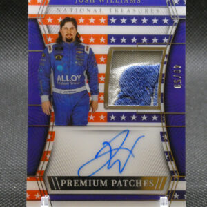 Trading card featuring Josh Williams in a blue racing suit, with a blue fabric patch and autograph streak across the bottom.