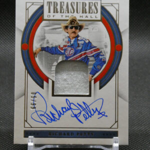 Autographed Richard Petty trading card with a blue racing suit inside a circular frame and 'Treasures of the Hall' design.