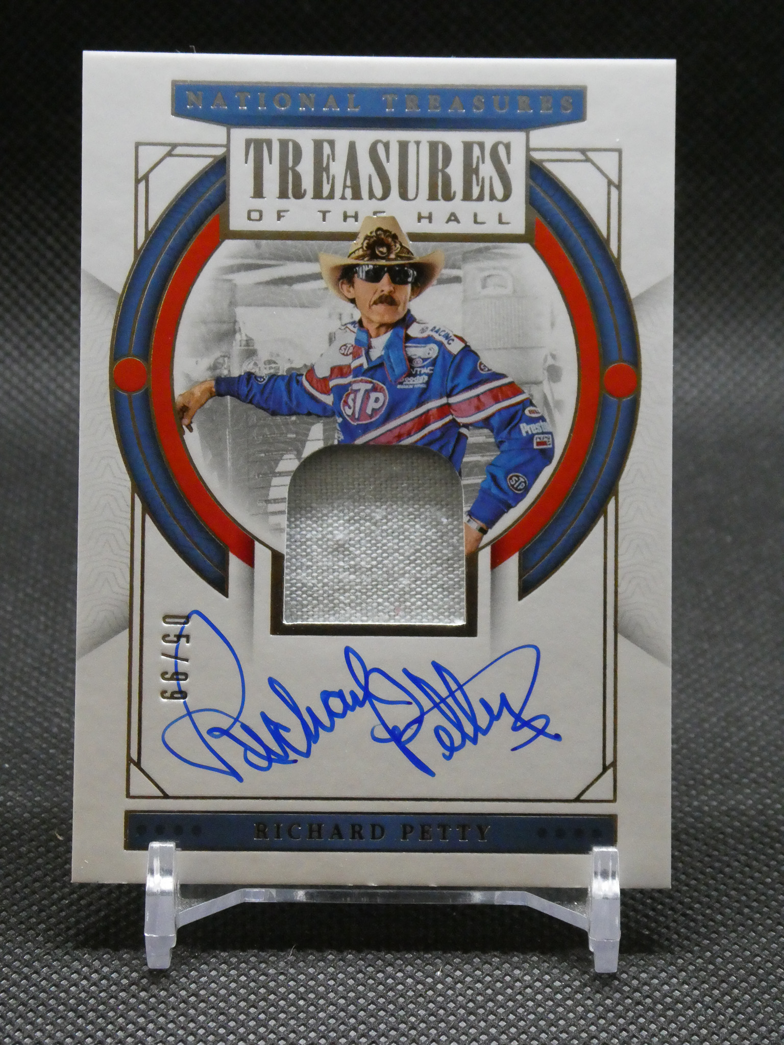 Autographed Richard Petty trading card with a blue racing suit inside a circular frame and 'Treasures of the Hall' design.