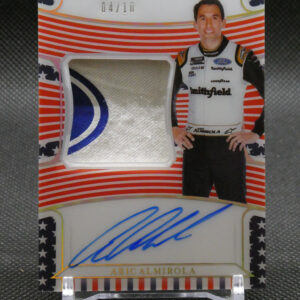 Patriotic NASCAR trading card featuring Aric Almirola, fabric swatch inset, and blue autograph (edition 04/10)