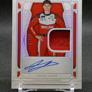 Autographed racing card showing driver Jesse Love in a red and white Whelen racing suit, with a blue signature on the lower panel and 'National Treasures' branding above.