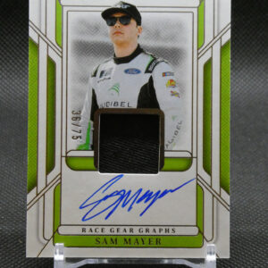 Autographed trading card featuring Sam Mayer in a white racing suit with green accents, portrait framed by a green-bordered design that says National Treasures.